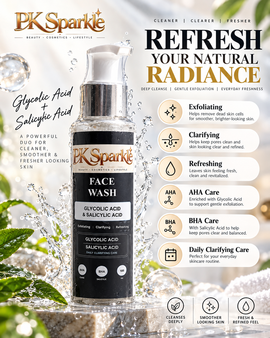 Face Wash Glycolic Acid & Salicylic Acid Face Wash, AHA BHA Daily Clarifying Care