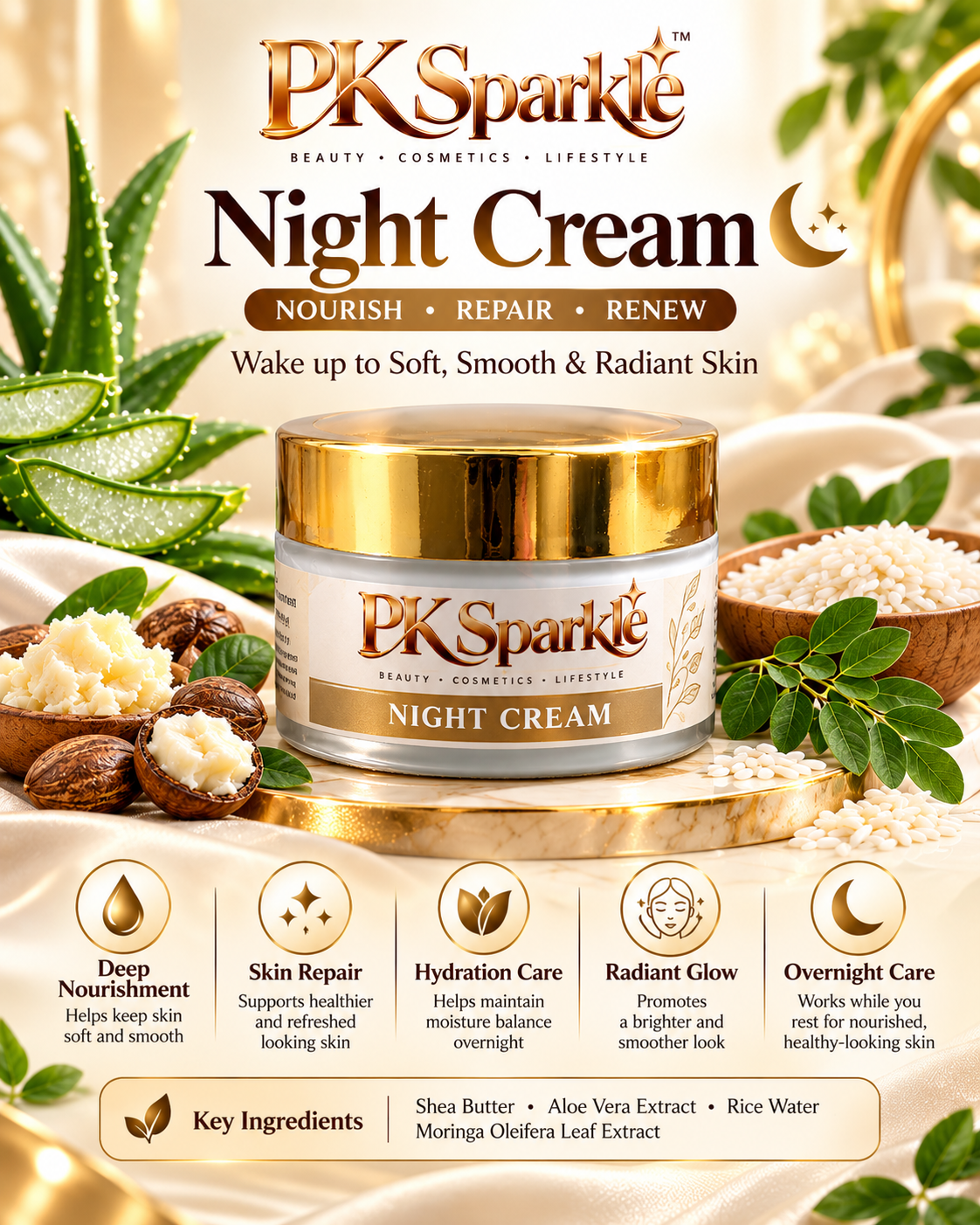 Night Cream with Niacinamide, Betaine, Cholesterol & Tocopherol, Hydrating & Nourishing Overnight Care
