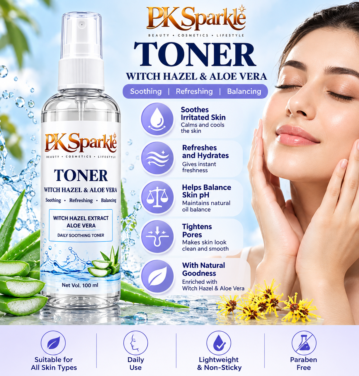 Toner Witch Hazel & Aloe Vera, Soothing, Refreshing & Balancing Daily Face Toner, 100 ml