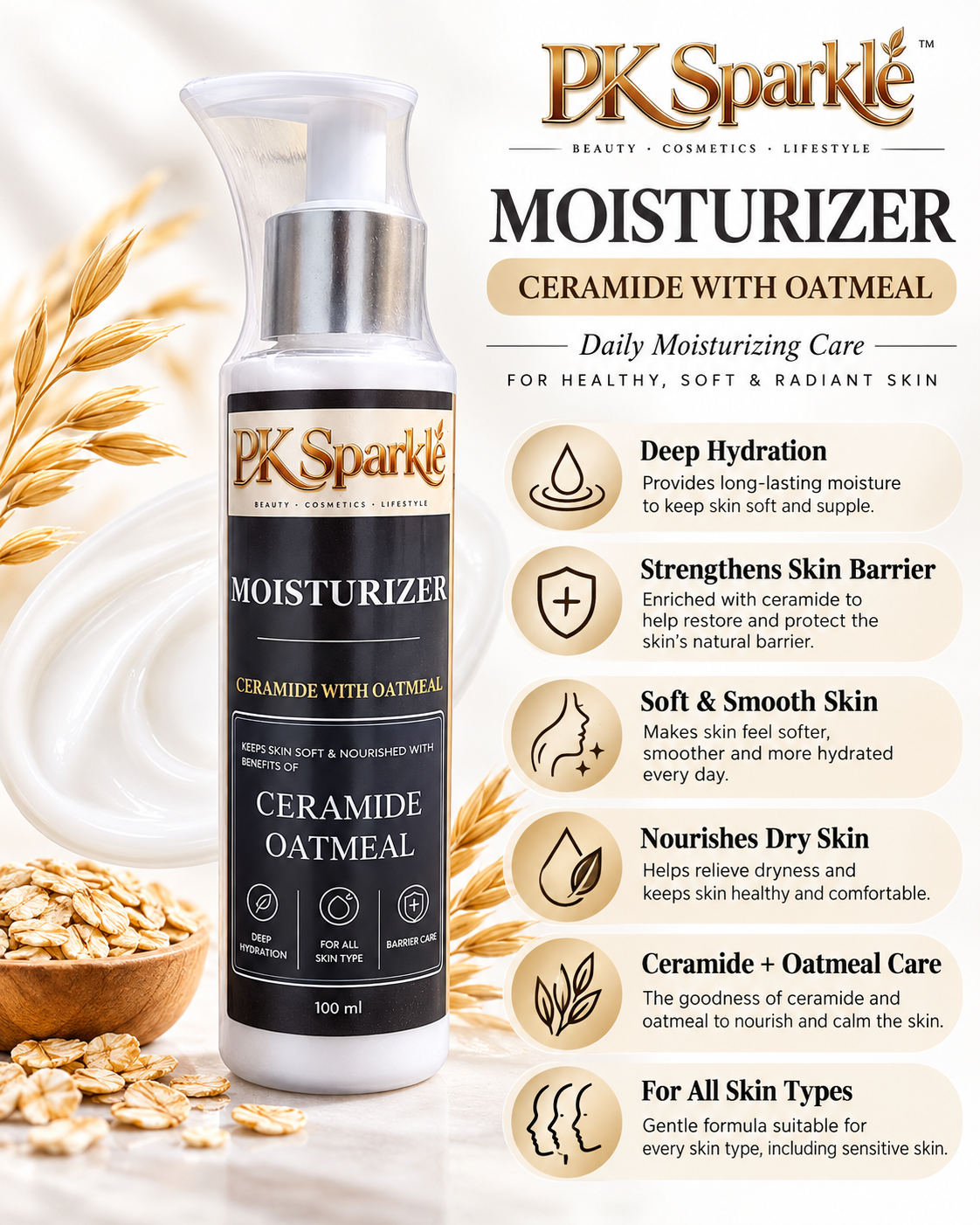 Moisturizer Ceramide with Oatmeal, Deep Hydration, Nourishing & Skin Barrier Care, 100 ml