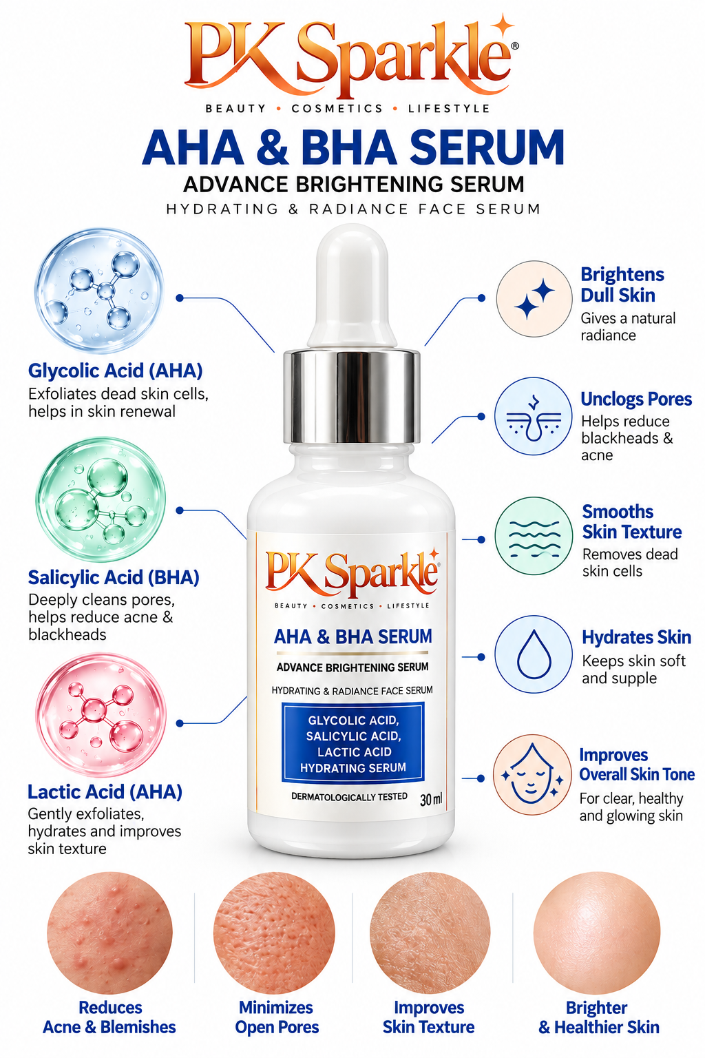Face Serum AHA & BHA with Glycolic Acid, Salicylic Acid & Lactic Acid, Brightening, Hydrating & Radiance Care, 30 ml