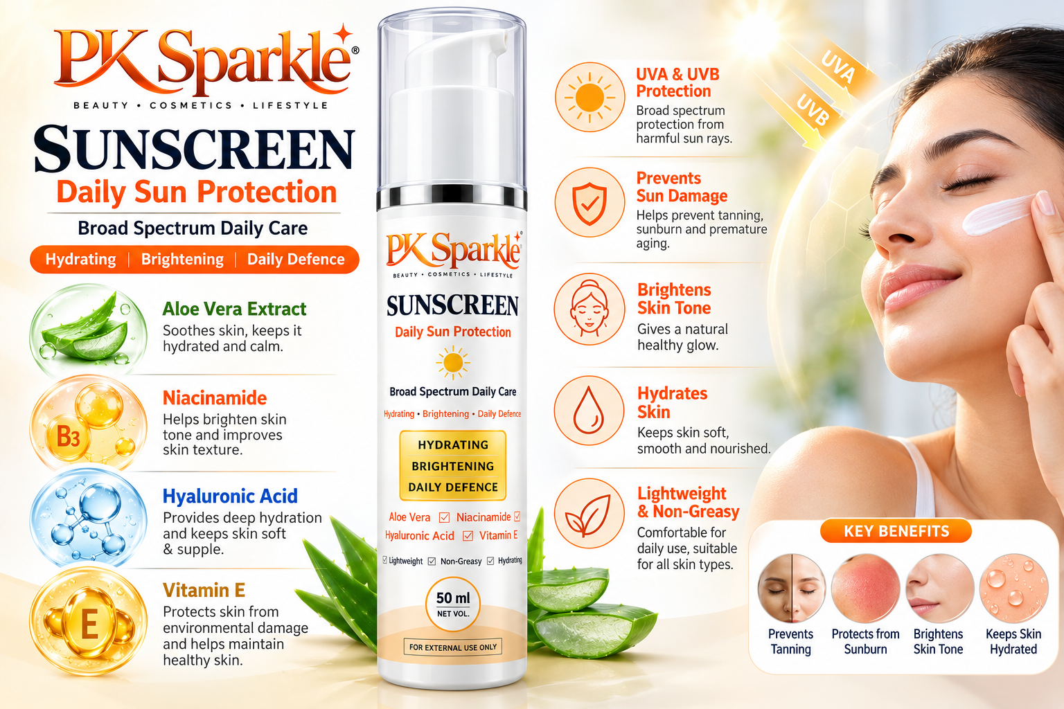 Sunscreen with Aloe Vera, Niacinamide, Hyaluronic Acid & Vitamin E, Hydrating, Brightening & Daily Defence, 50 ml