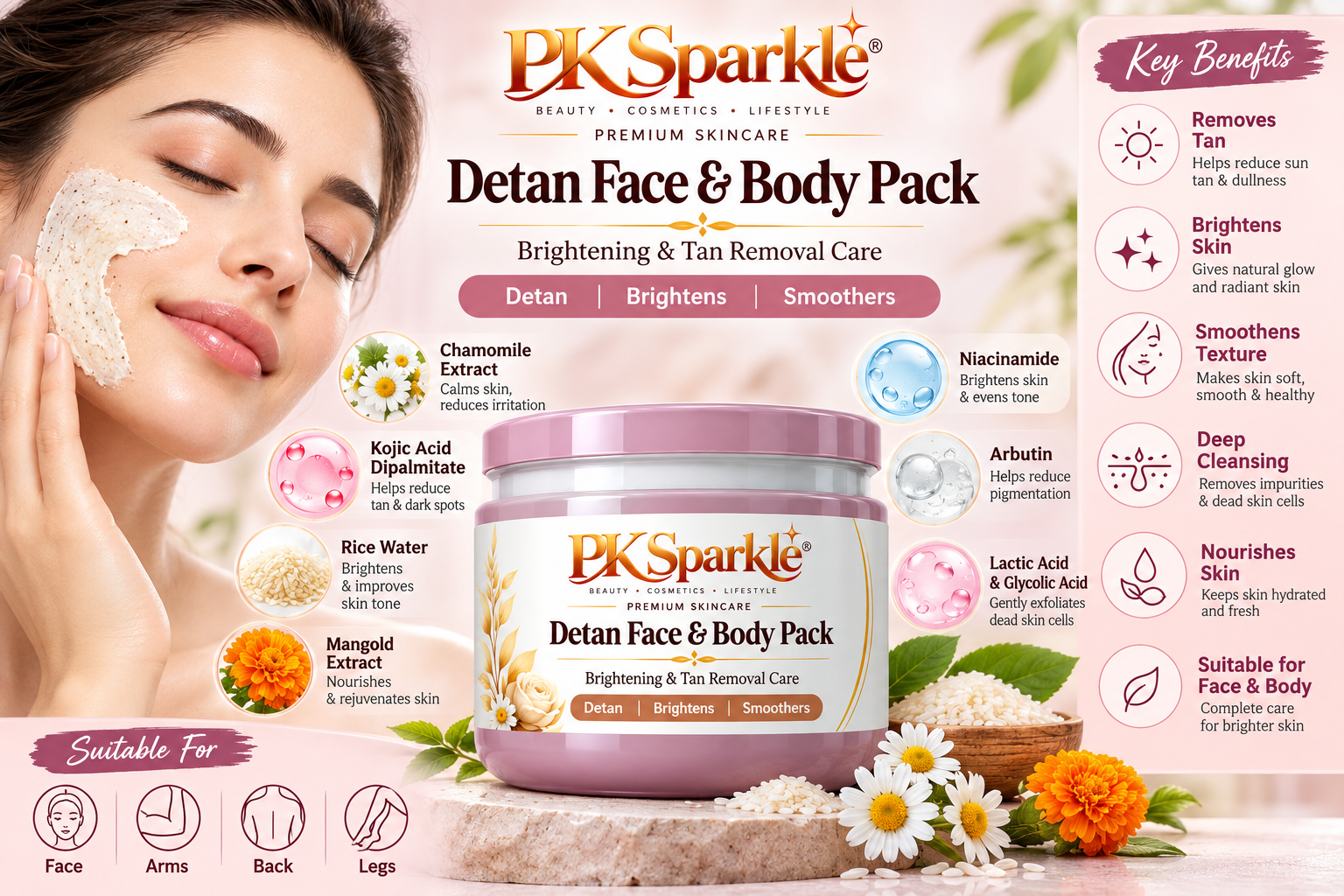 Detan Face & Body Pack with Kojic Acid Dipalmitate, Niacinamide, Rice Water, Arbutin, Lactic Acid & Glycolic Acid, Brightening & Tan Removal Care, 500 g