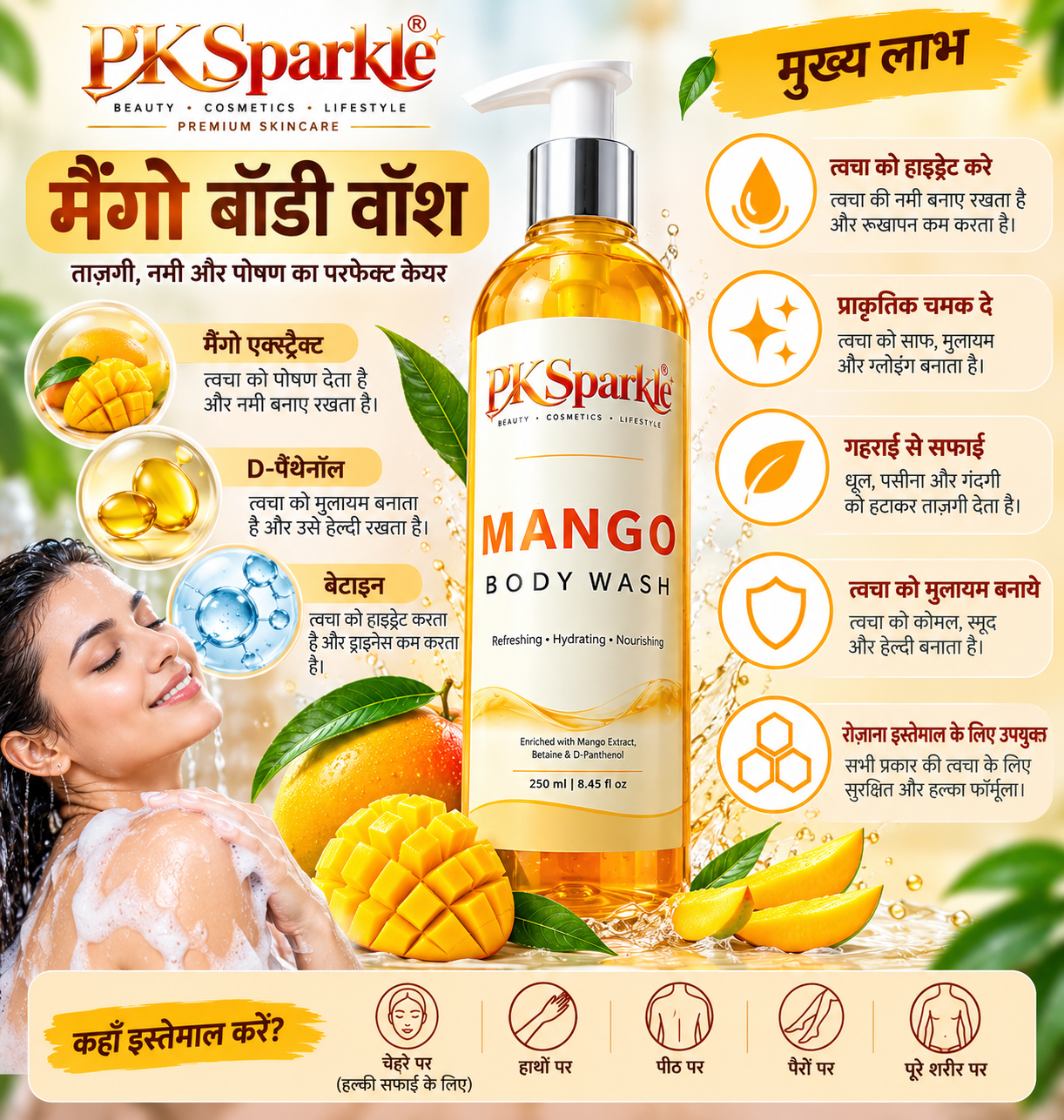 Mango Body Wash with Mango Extract, Betaine & D-Panthenol, Refreshing, Hydrating & Nourishing, 250 ml