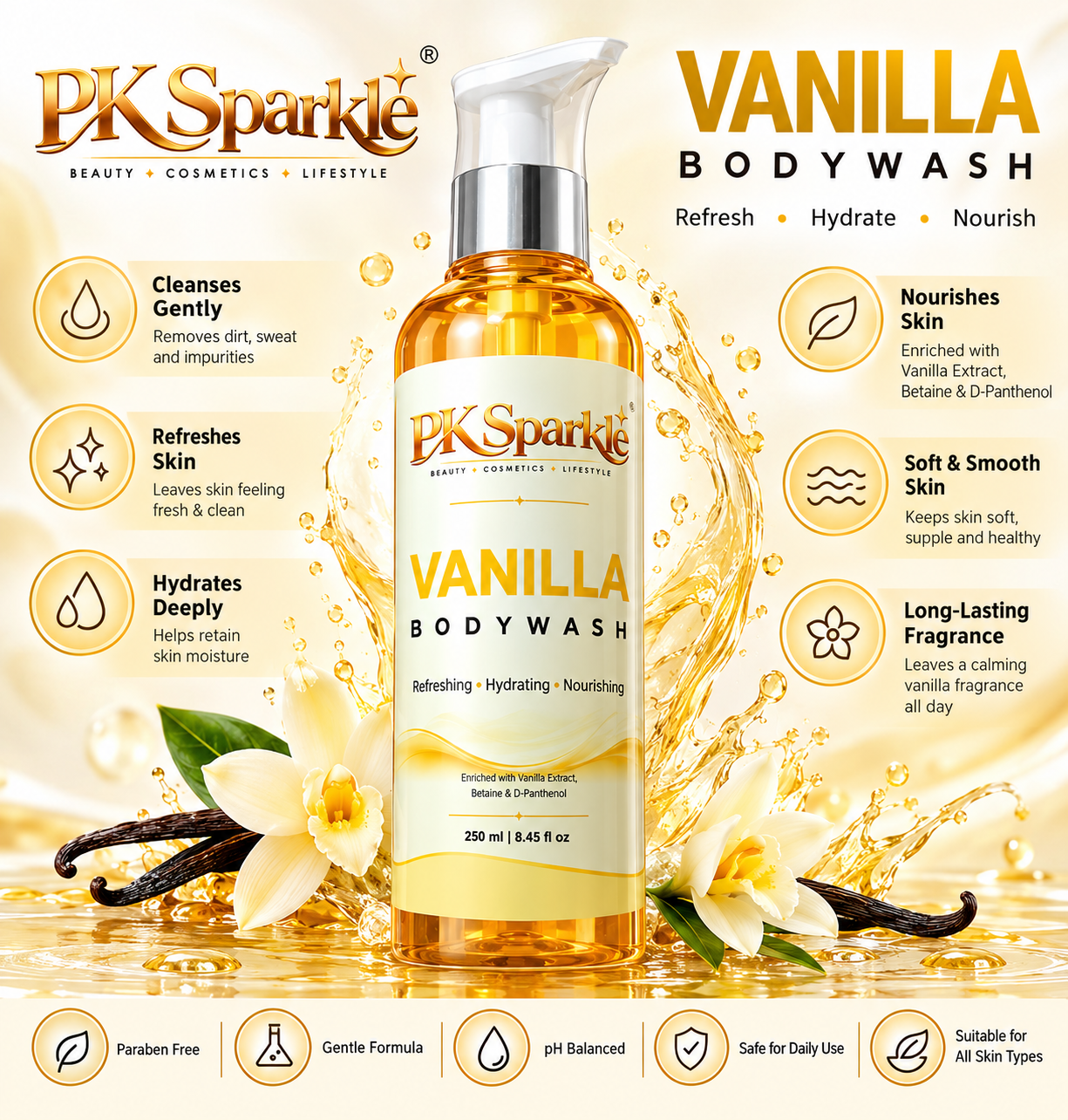 Vanilla Body Wash with Vanilla Extract, Betaine & D-Panthenol, Refreshing, Hydrating & Nourishing, 250 ml image 2