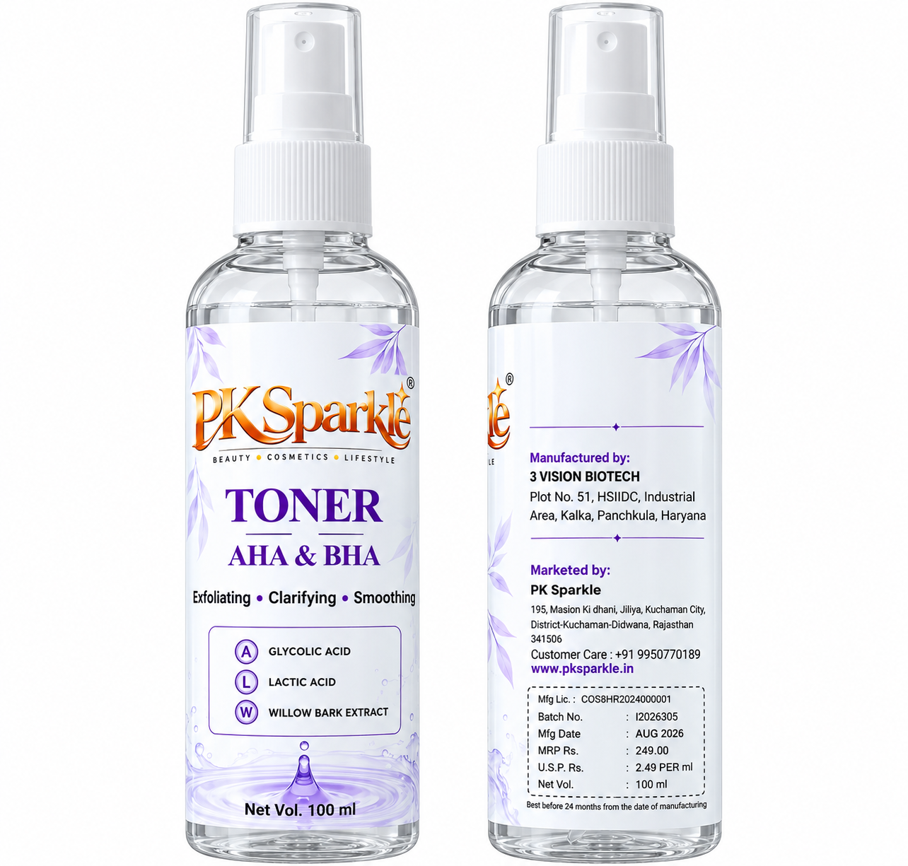 Toner AHA & BHA with Glycolic Acid, Lactic Acid & Willow Bark Extract, Exfoliating, Clarifying & Smoothing, 100 ml image 3