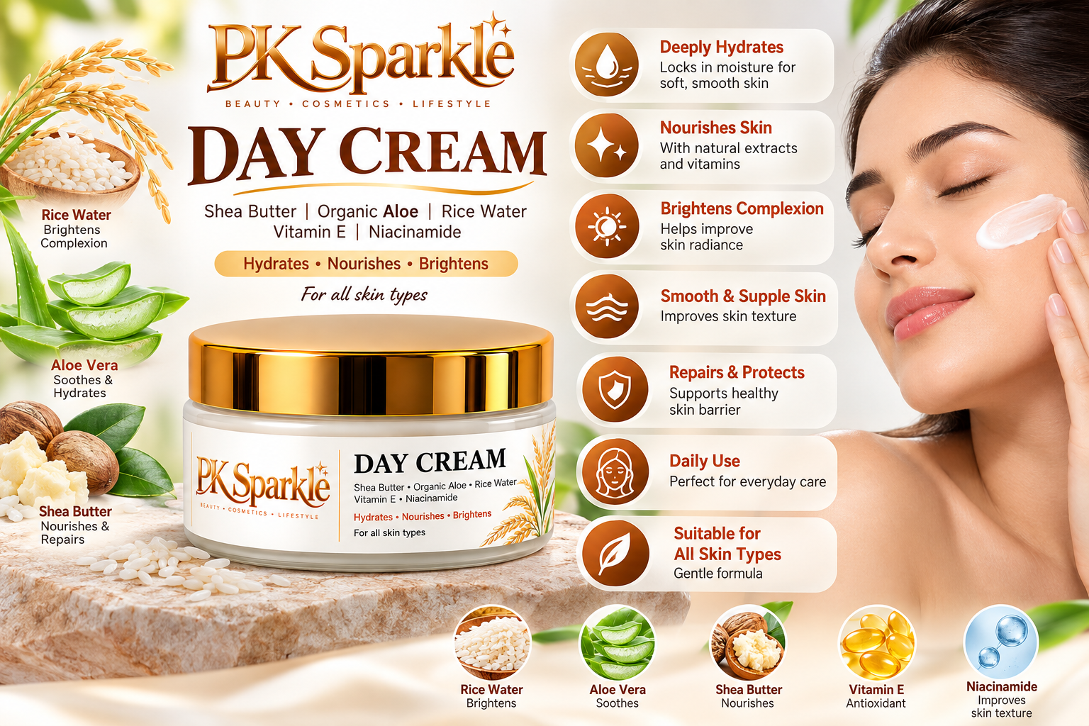 Day Cream with Shea Butter, Organic Aloe, Rice Water & Moringa – Hydrating, Nourishing & Brightening Daily Skin Care